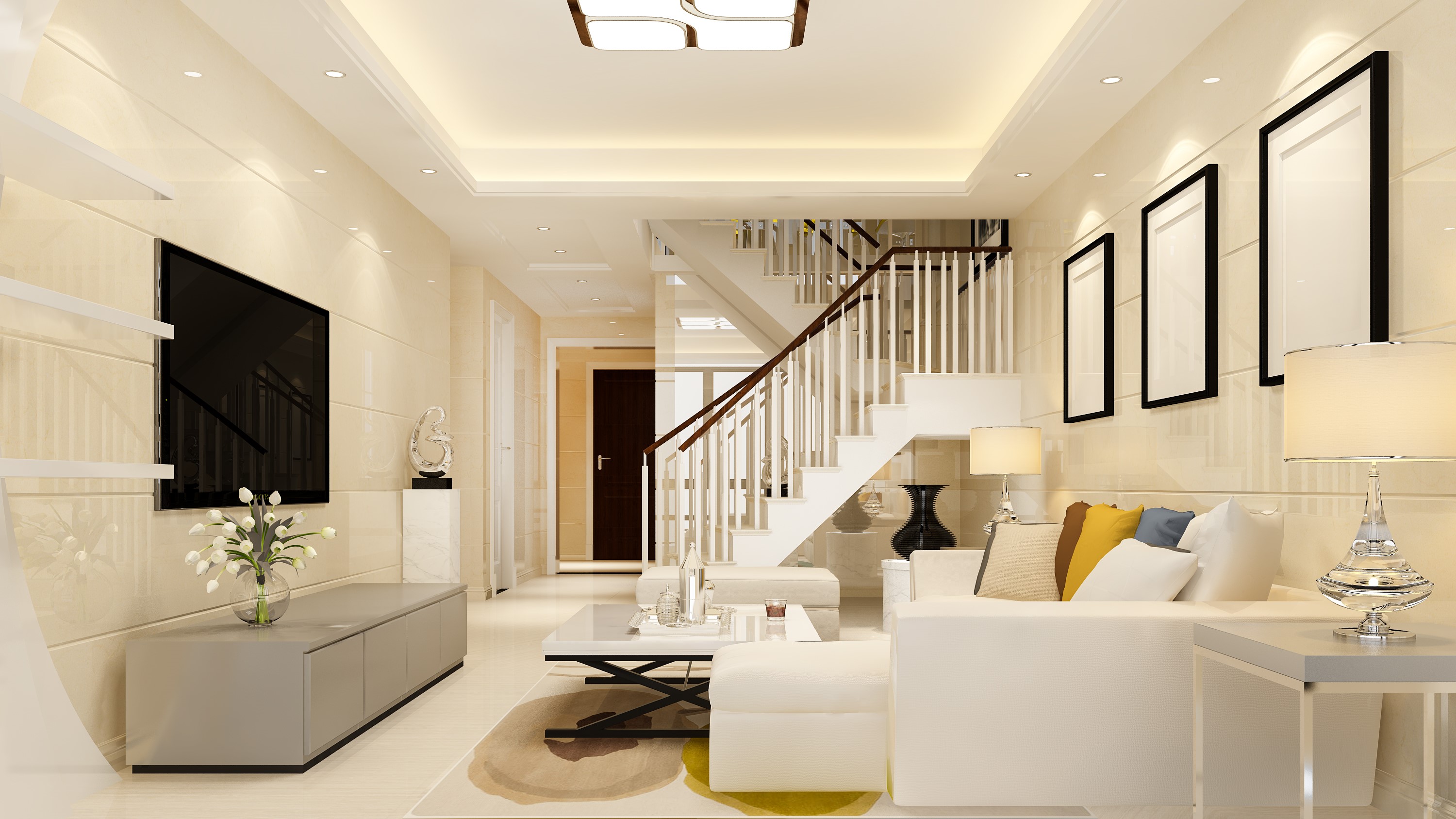 3d rendering white wood living room near bedroom upstair