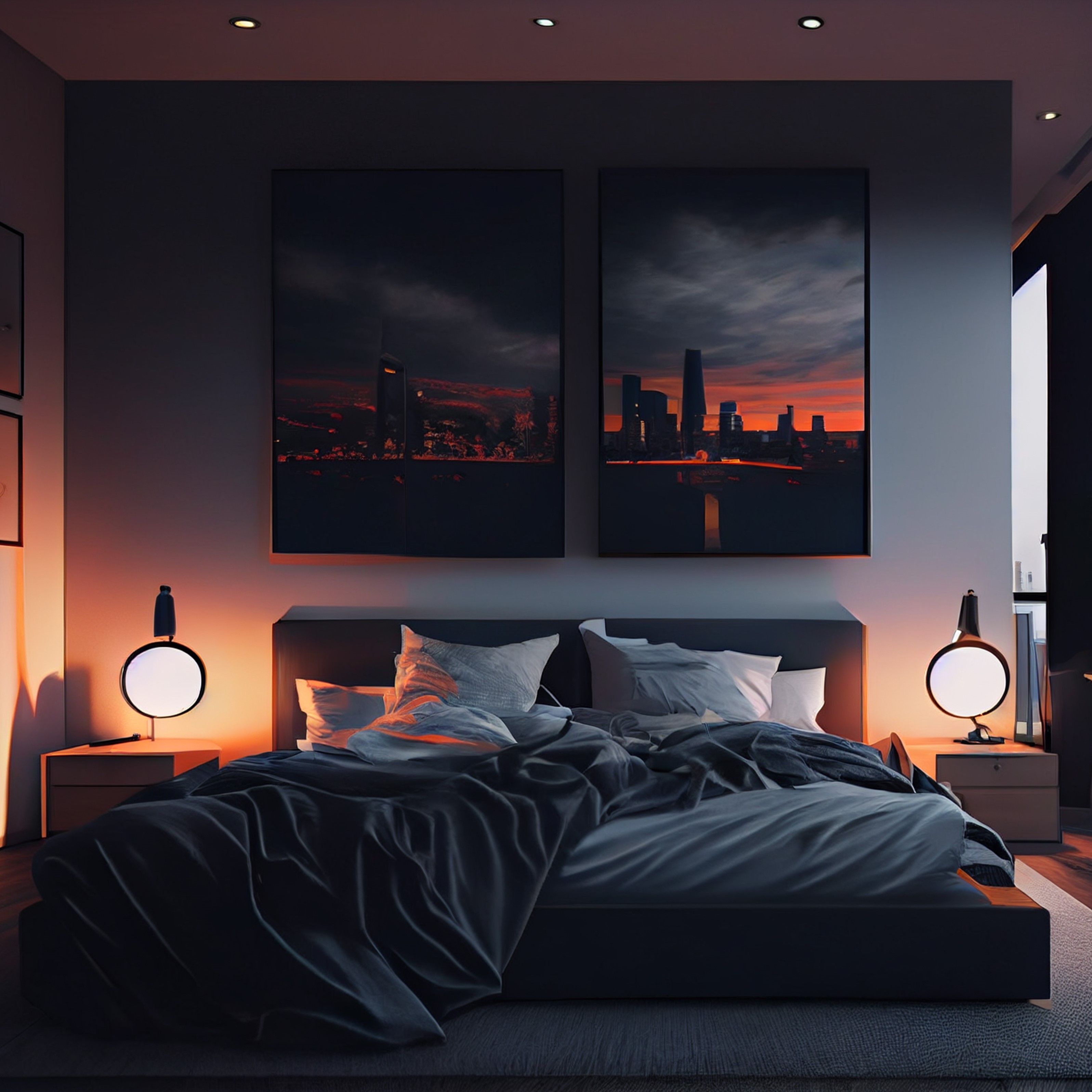 Comfortable modern bedroom with elegant decoration and lighting ,generative artificial intelligence